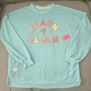 Simply Southern “Beach Please” Sweatshirt – XXL Light Blue Glitter Graphic Palm